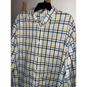 LL Bean Mens 2XL Blue Yellow Plaid Button Down Collard Shirt